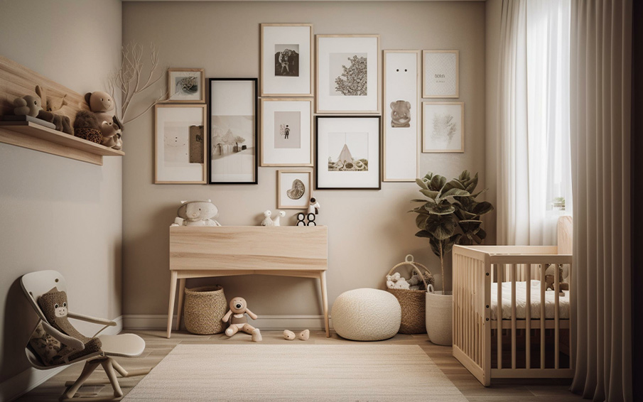 Kinderzimmer mit Bett, Wickeltisch, Teppich